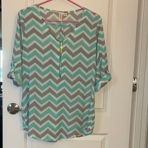 Teal, Gray and White Chevron Half Sleeve Blouse